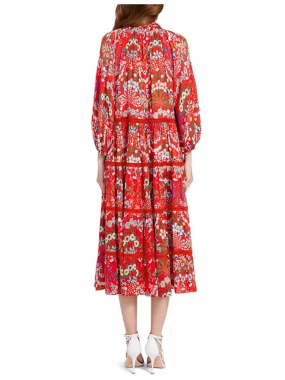 Alice + Olivia Layla Tiered Ruffle Midi Dress Red Floral Boho Coastal Large - Picture 3 of 16